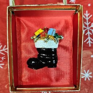 Festive Vintage Boot Brooch with Gifts